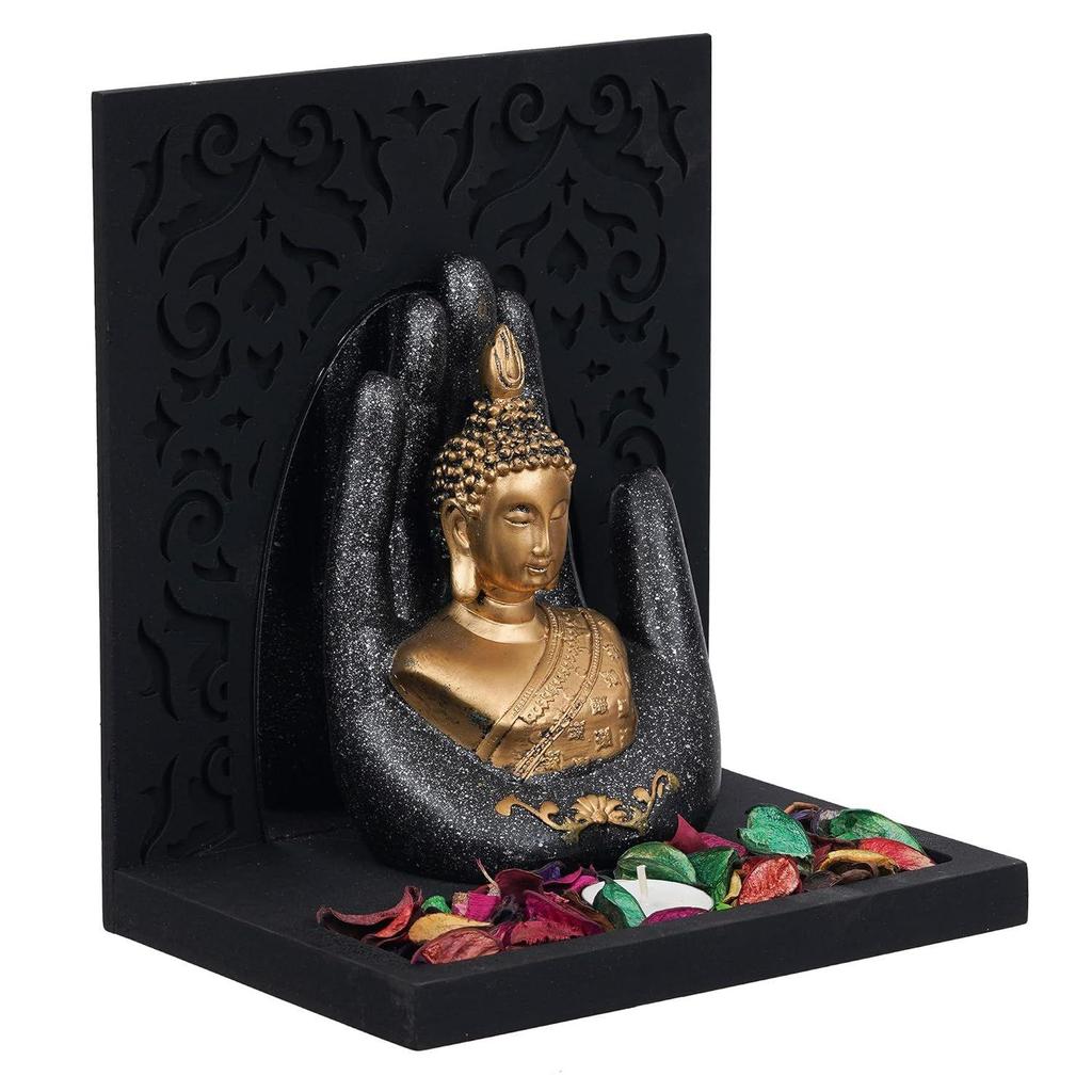 Grey Golden Resin Palm Lord Buddha Idol Tea Light Candle Holder| Gautam Buddha Statue Tea Light Holder Diwali Decoration Items