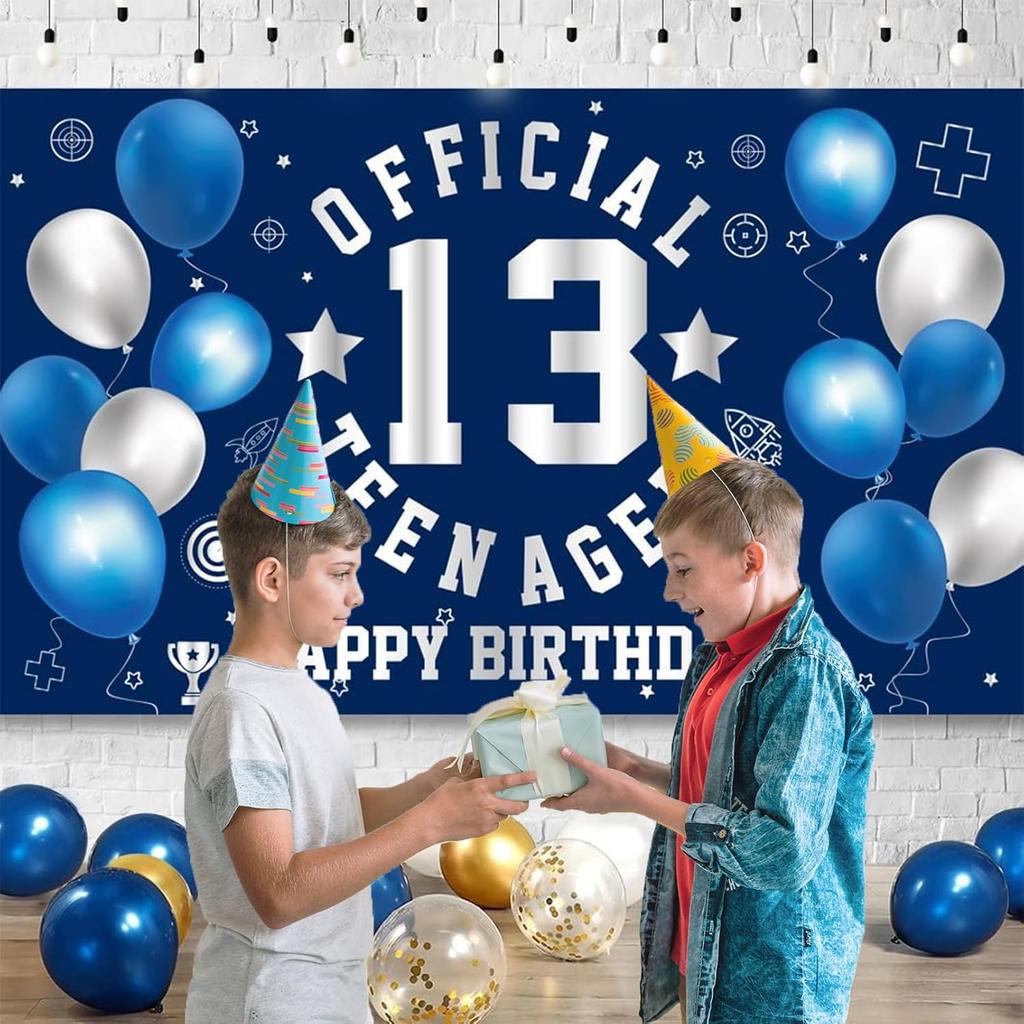 Happy 13th Birthday Decorations Large Official Teenager Backdrop Banner for Boys Girls Navy Blue White 13 Year Old Birthday Party Photo Props Decor