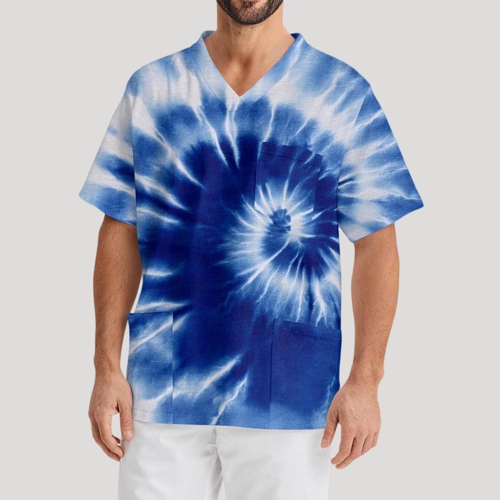 Мужская рабочая блузка с короткими рукавами и v-образным вырезом с принтом, топ с нагрудным карманом