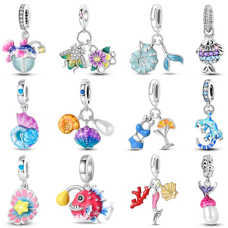 Лето S925 серебряный цвет ракушка жемчуг рыбий хвост светящийся океан серии Подвески бусины подходят S925 оригинальные браслеты DIY ювелирные изделия