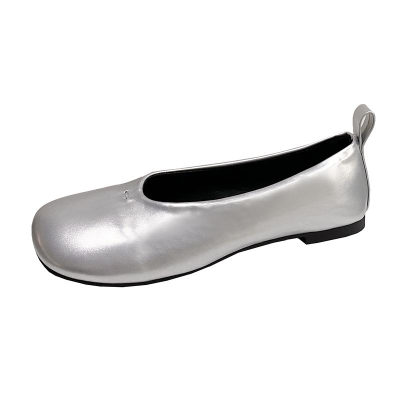 Мода 2024 года туфли из искусственной кожи с лаковым покрытием женские одинарные туфли на плоской подошве с круглым носком весна-осень балетки туфли суженные большие размеры