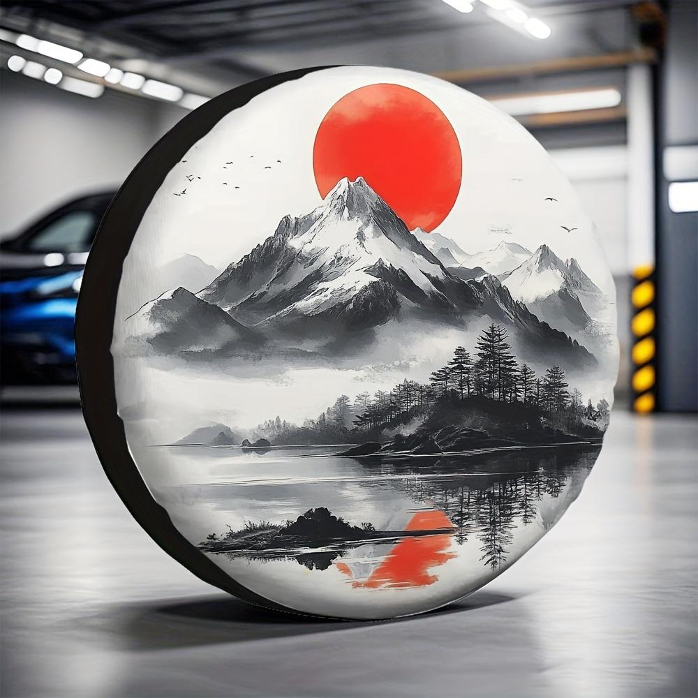 1pc Weatherproof RV Tire Covers Featuring Mountains And Sun, Made From Versatile Polyester Fabric, Suitable For Outdoor Birthday