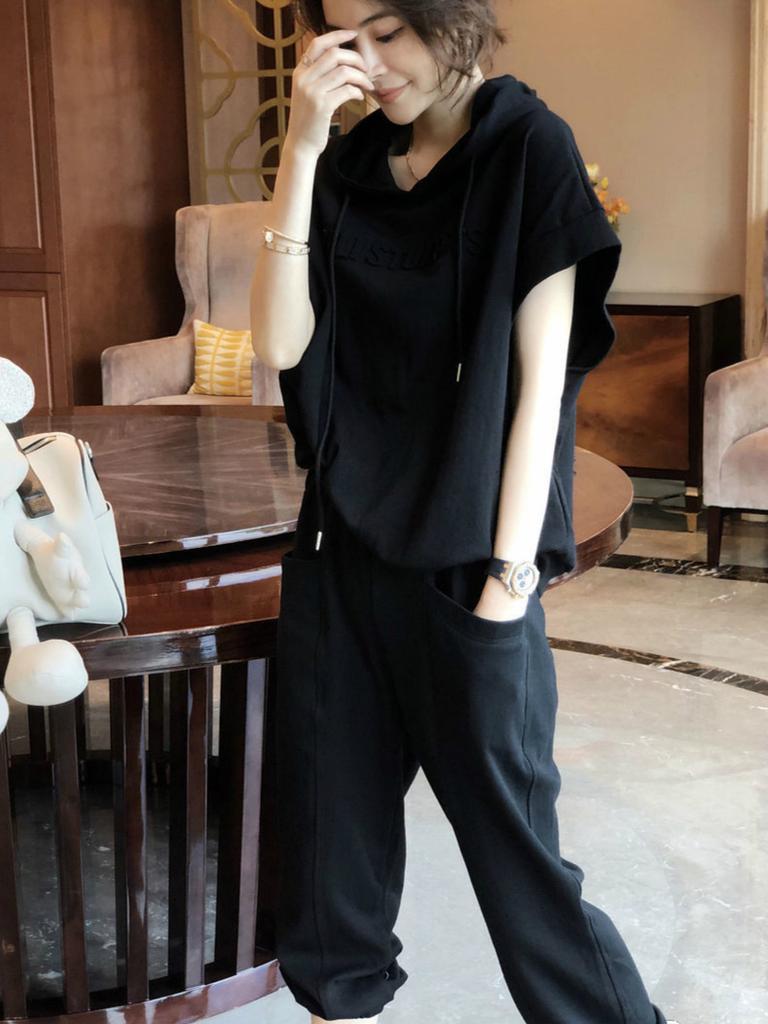 Женский летний модный спортивный костюм из 2 предметов, повседневный свободный комплект с капюшоном и брюками с короткими рукавами