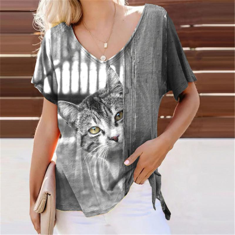 Повседневная аниме повседневная сексуальная милая цифровая футболка с 3D принтом кота, женский топ, свободные футболки с короткими рукавами и v-образным вырезом, женские топы, одежда