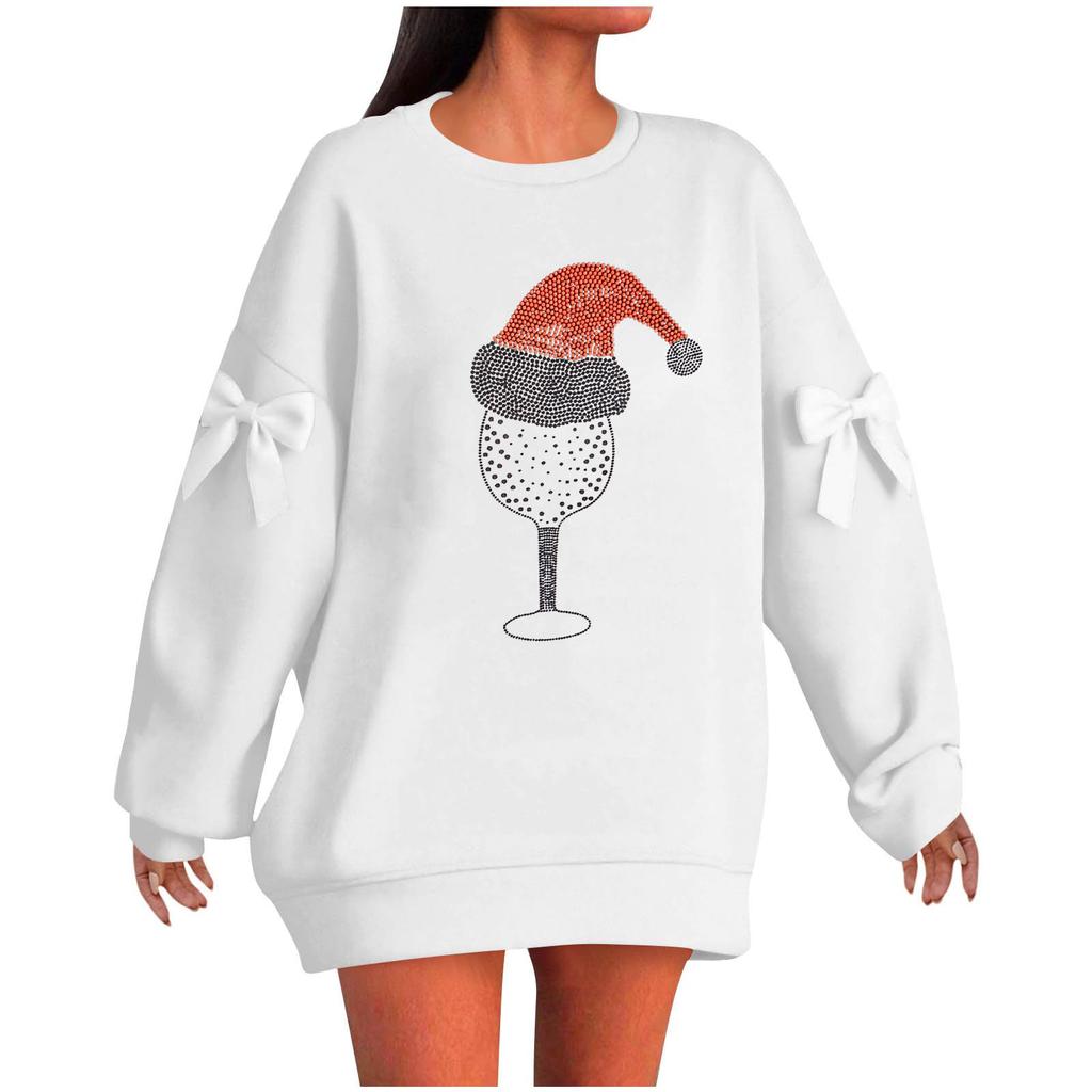 Ladies' Christmas Printed Bow Round Neck Long Sleeved Loose Pullover Sweater Sweatshirt Top