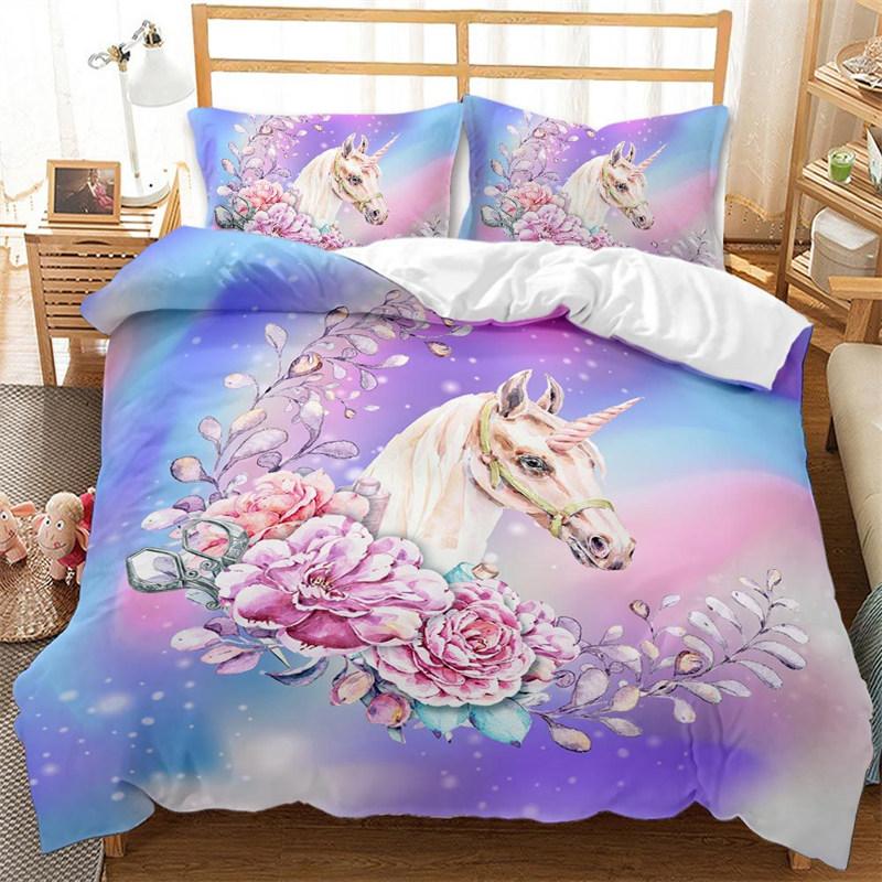 Unicorn King Queen Bedding Set For Kids Girls Teen Rainbow Floral Dreamcatcher Duvet Cover Microfiber Quilt Cover Home Textile