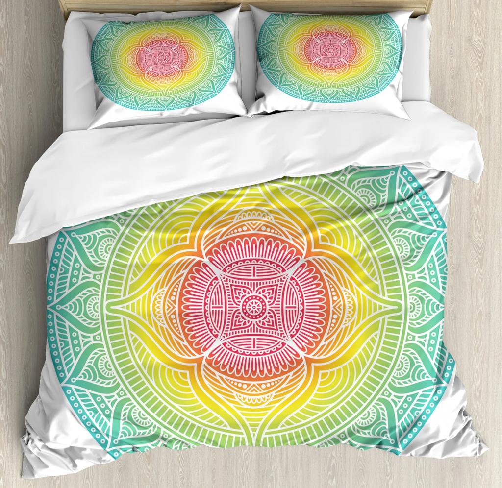 Mandala Duvet Cover Set Boho Lotus Flower Microcosm Motif Unique Retro Green Theme Double Queen King Size Polyester Qulit Cover