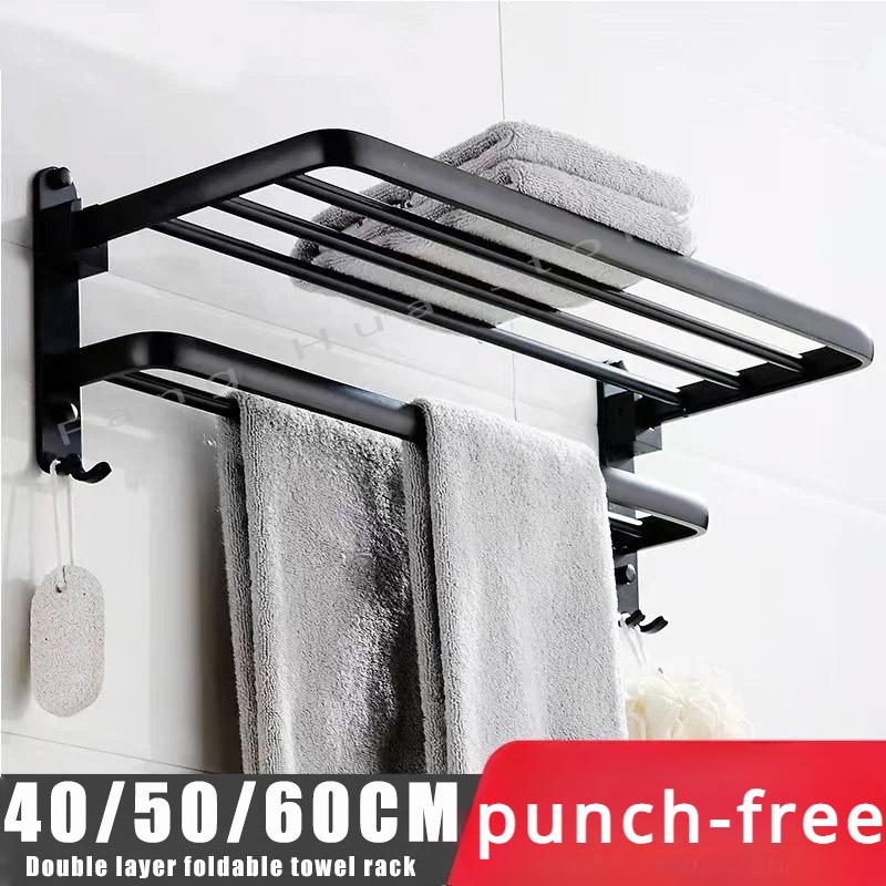 Двухслойная вешалка для полотенец 40/50/60 см, черная, подвижный настенный кронштейн без сверления, алюминиевая вешалка для душа, складной держатель, аксессуары для ванной комнаты