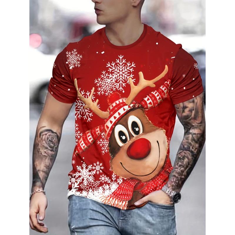 Christmas Elk 3D Print Men's T Shirt Casual O-neck Short Sleeve Tops Funny Santa Claus Pattern Oversized T-shirts X'mas Clothing