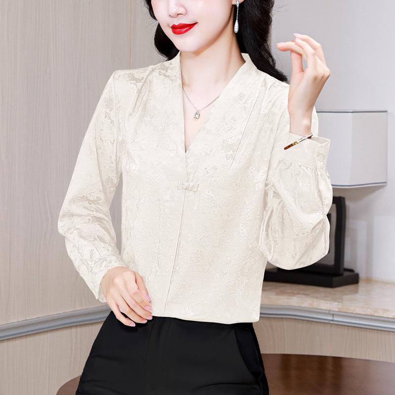 Женская зеленая рубашка из искусственного шелка Ханчжоу: Китайский стиль, длинный рукав, свободный крой, удобный и дышащий атласный топ.