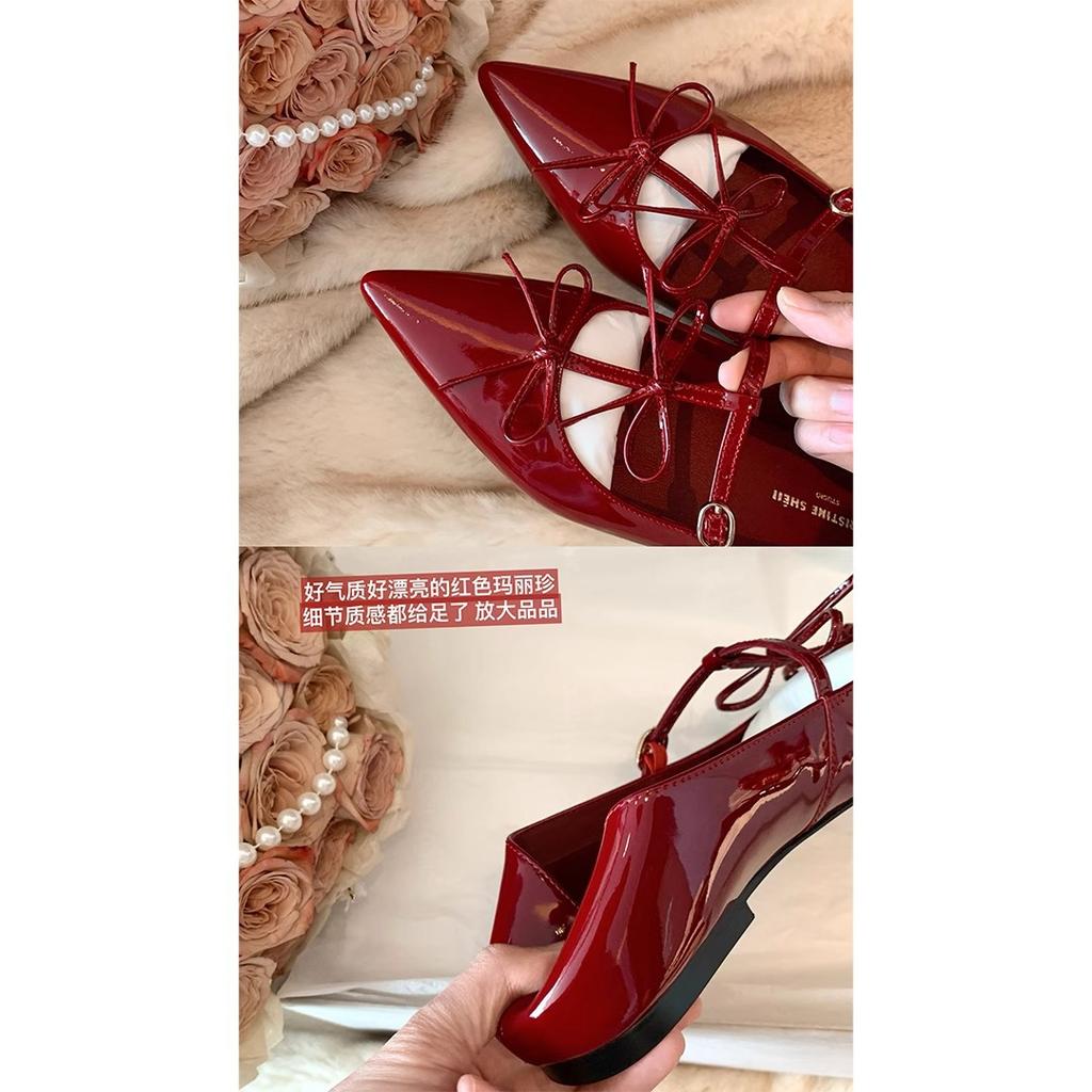 Hepburn Dinner Party~ Pointed Bow Light Mouth Flat Bottom Mary Jane Single Shoes Women's Banquet Shoes