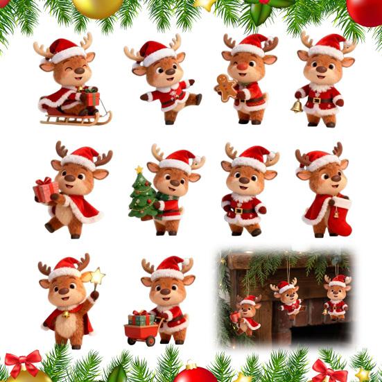Winter Holiday Tree Decorations Christmas Elk Ornaments, 2D Flat Wooden Cute Reindeer Hanging Decoration, Cartoon Rustic Ornaments Deer Pendants with