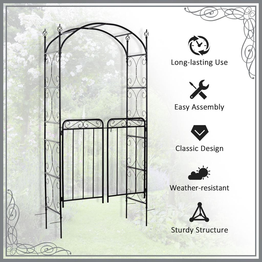 Garden Decorative Metal Arch with Gate Outdoor Patio Trellis Arbor for Climbing Plant Archway Antique Black - 108L x 45W x 215Hcm