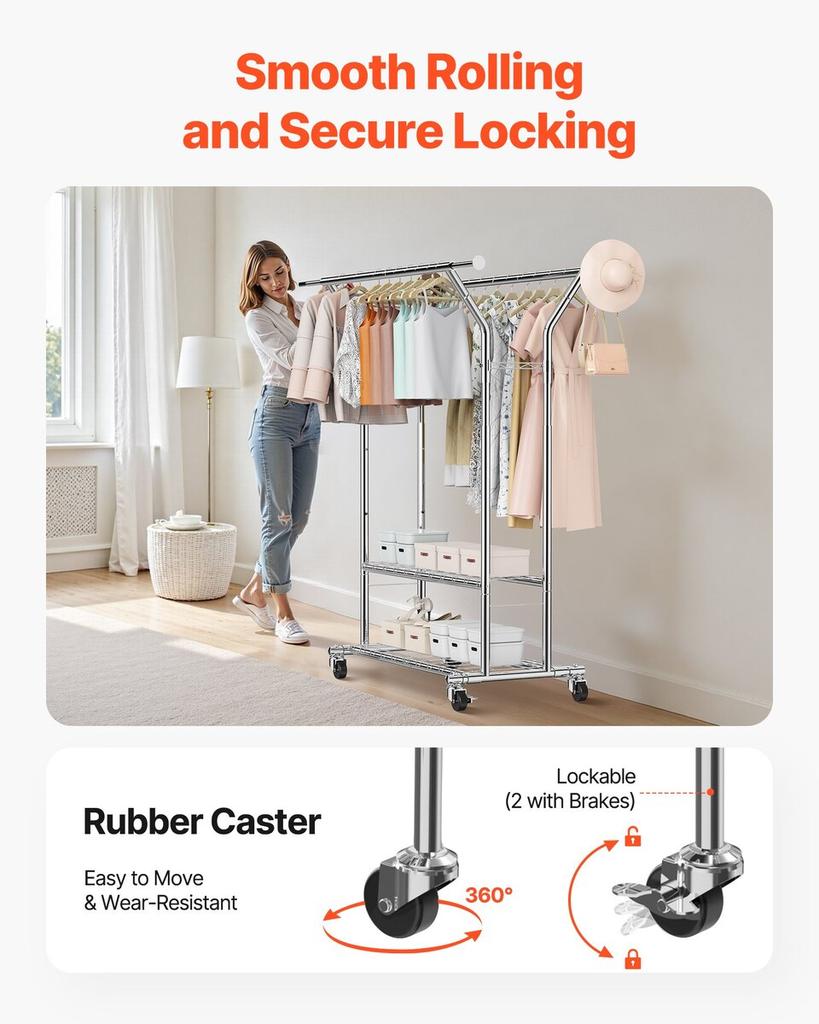 Clothes Rack, Rolling Clothing Garment Rack with 2 Hanging Rods and 2 Storage Shelves, 120 kg Load Capacity, Adjustable Height Carbon Steel Clothing