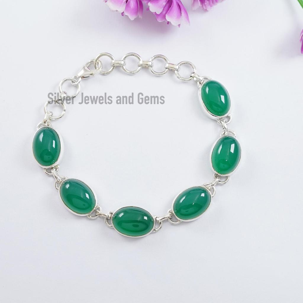 Natural Green Onyx Bracelet, Oval Onyx Bracelet, Handmade Bracelet for Women, 925 Sterling Silver Gemstone Bracelet, Wedding Bracelet