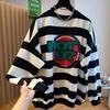 Korean Loose Casual Lazy Style Striped Round Neck Sweatshirt for Women Autumn Versatile Long-sleeved Top