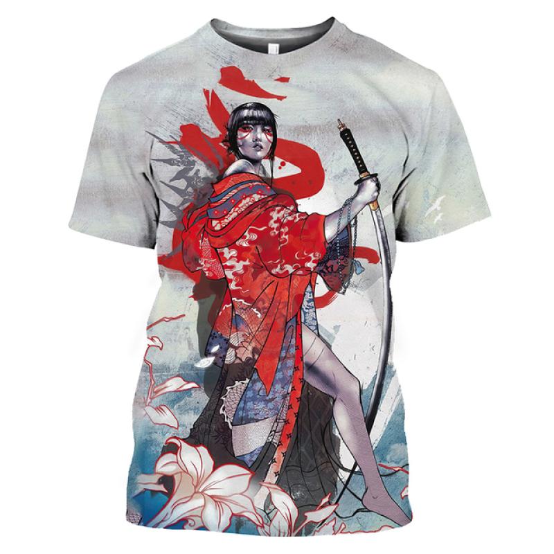 3D футболка для мужчин, топы с короткими рукавами в японском стиле и принтом гейши, мужские футболки с круглым вырезом, футболка большого размера, мужская одежда