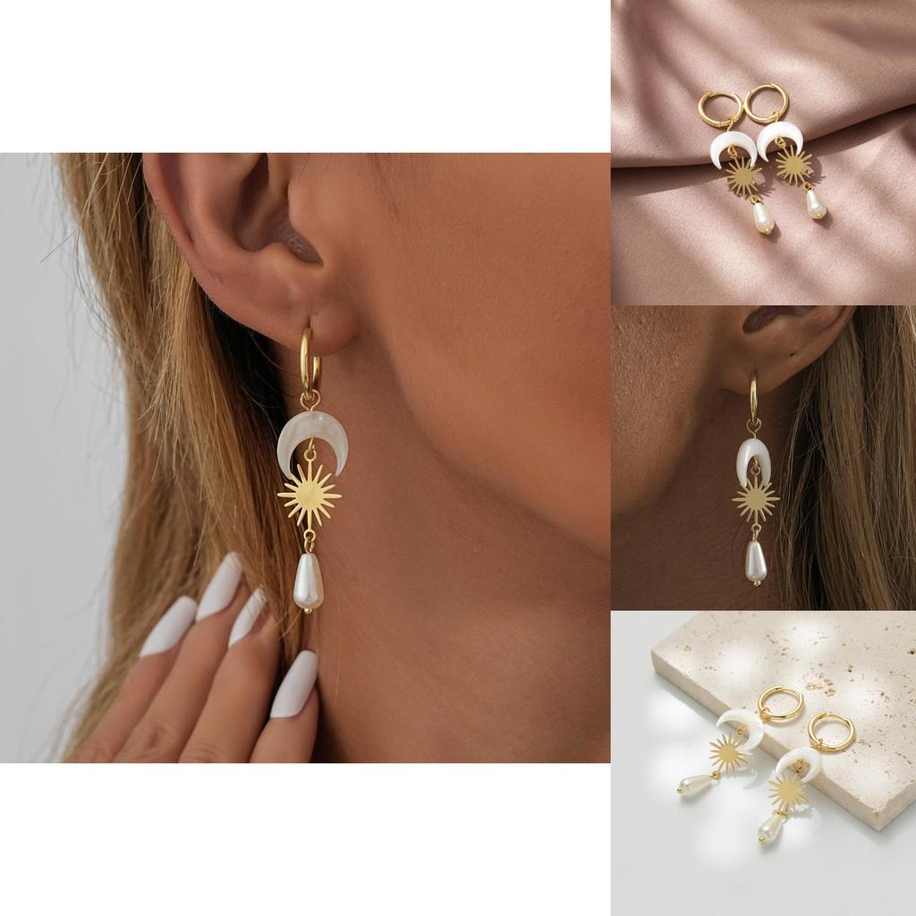 Fashionable Moon Teardrop Pendant Earrings With Elegant Natural Shell Design