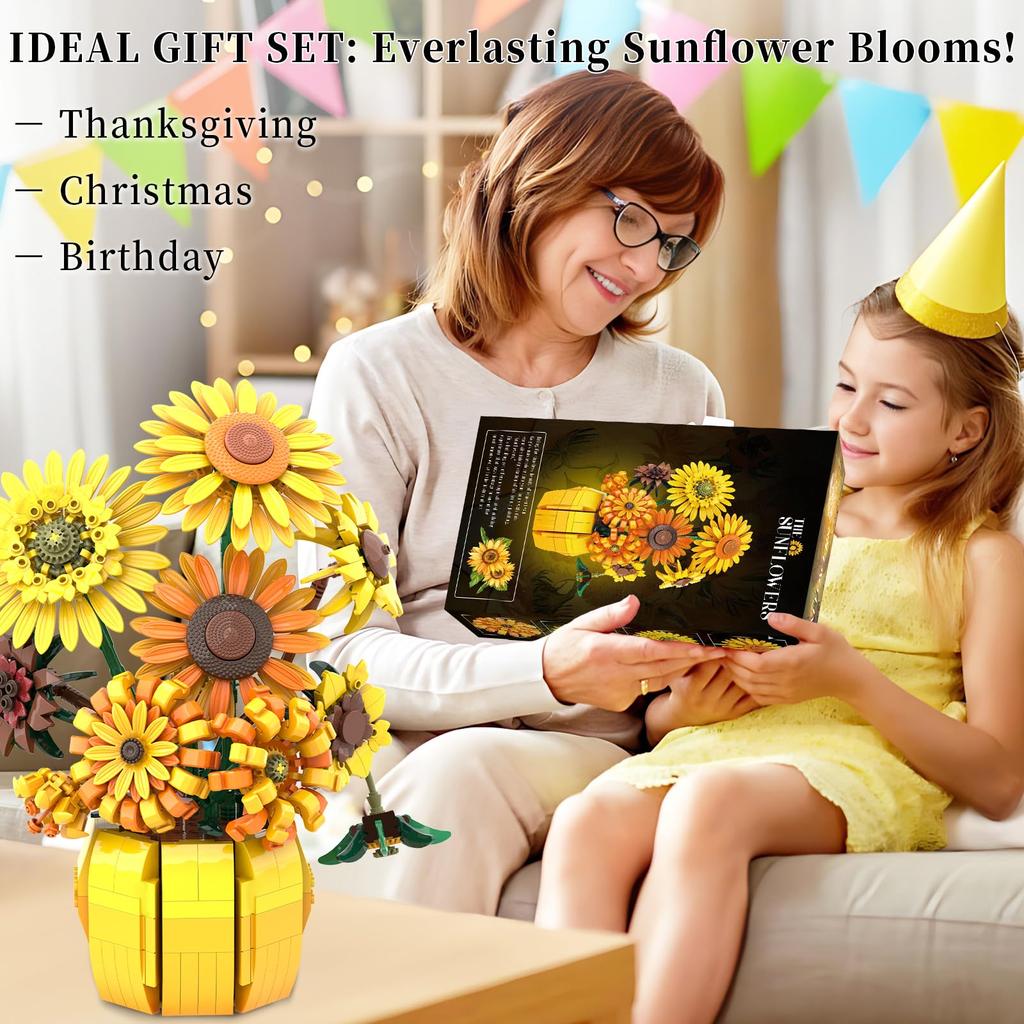 1009PCS Sunflower Building Blocks Flower Bouquet Vase Model Home Decoration Educational DIY Toy Holiday Gift for Kids Adults
