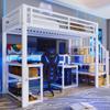 Loft bed, 90 x 200 cm, iron frame, storage, staircase with storage, safety railing, LED light strip, desk, USB port, without mattress, white