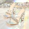 Silver Luxury Designer High Heels Open Toe CRYSTAL Women Slipper Square Toe Sandals Summer Rhinestone Flower Slides Women Pumps