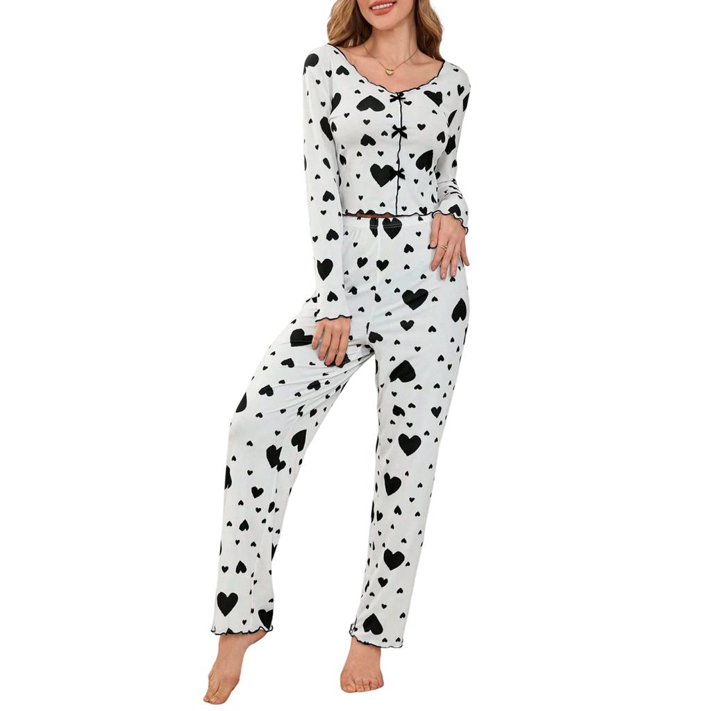 Women's Comfortable Love Print Long-sleeve And Long-pants Pajama Set