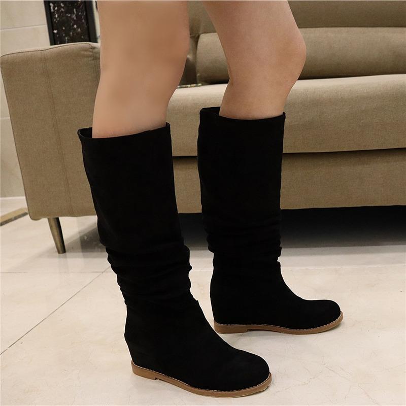 Suede Leather Women's High Boots Winter Shoes Pleated Hidden Heels Wedge Knee High Boots For Women Warm Fur Flats Boots Ladies