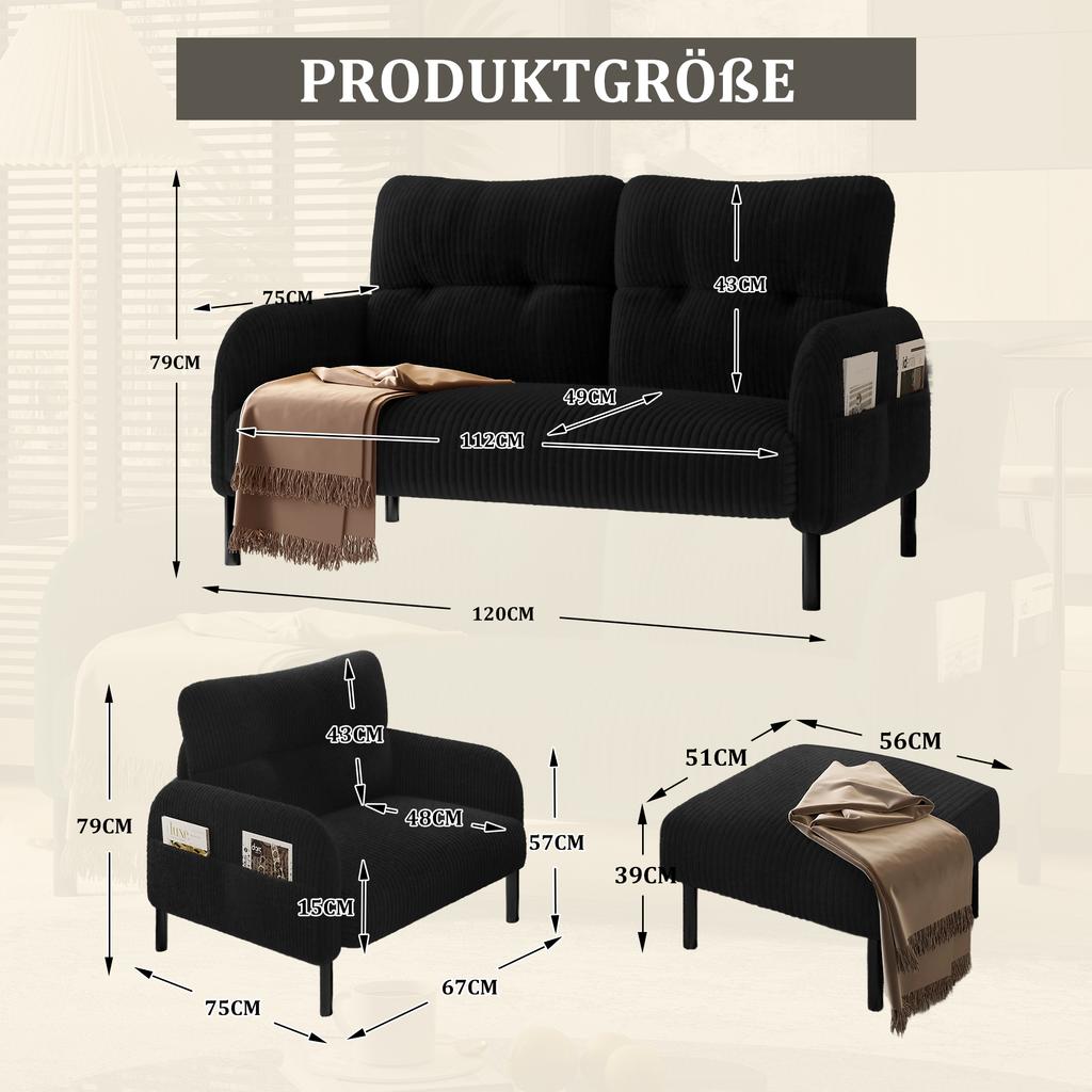 Corduroy 3-Piece Set Armchair + Stool + 2-Seater Sofa with Side Pocket Steel Frame & Backrest Deep Seat Modularly for Living Room, Black