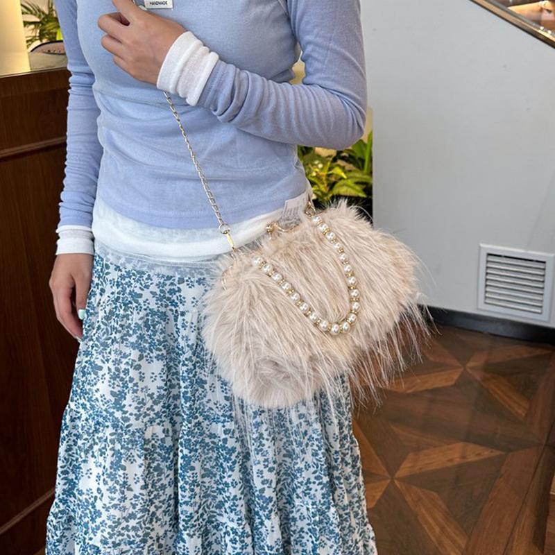 Furry Crossbody Bag with Pearl Handle Fashion Chain Plush Shoulder Bags for Women Soft Faux Fur Evening Party Purse