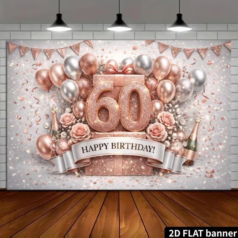 2D Rose Gold 60th Birthday Backdrop with Flowers & Gift Box Party Banner
