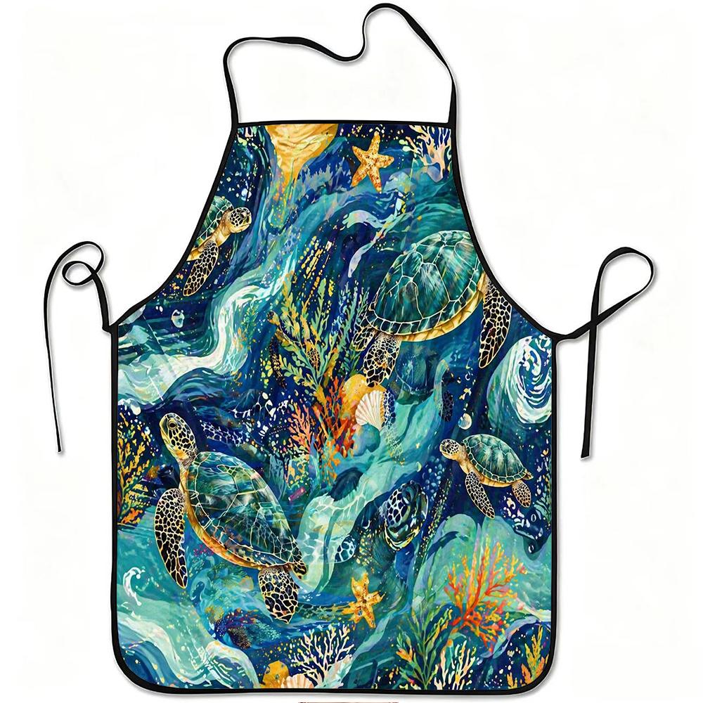1pc Sea Turtle Ocean Coral Reef Print Apron, Durable And Easy to Clean, Adjustable Waistband, Polyester Material, for Kitchen Cooking, Gardening, Orch