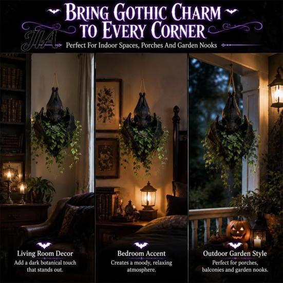 Spooky Home Porch Planter Hanging Bat Plant Pot, Gothic Resin Planter, Halloween Holiday Gift for Lovers Container Trailing Vines, Artificial Plants,