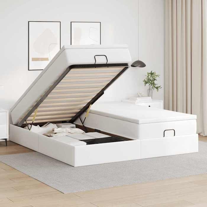 Cadre de lit ottoman - 160x200 cm - Similicuir blanc - Rangement sous le lit - Mécanisme hydraulique