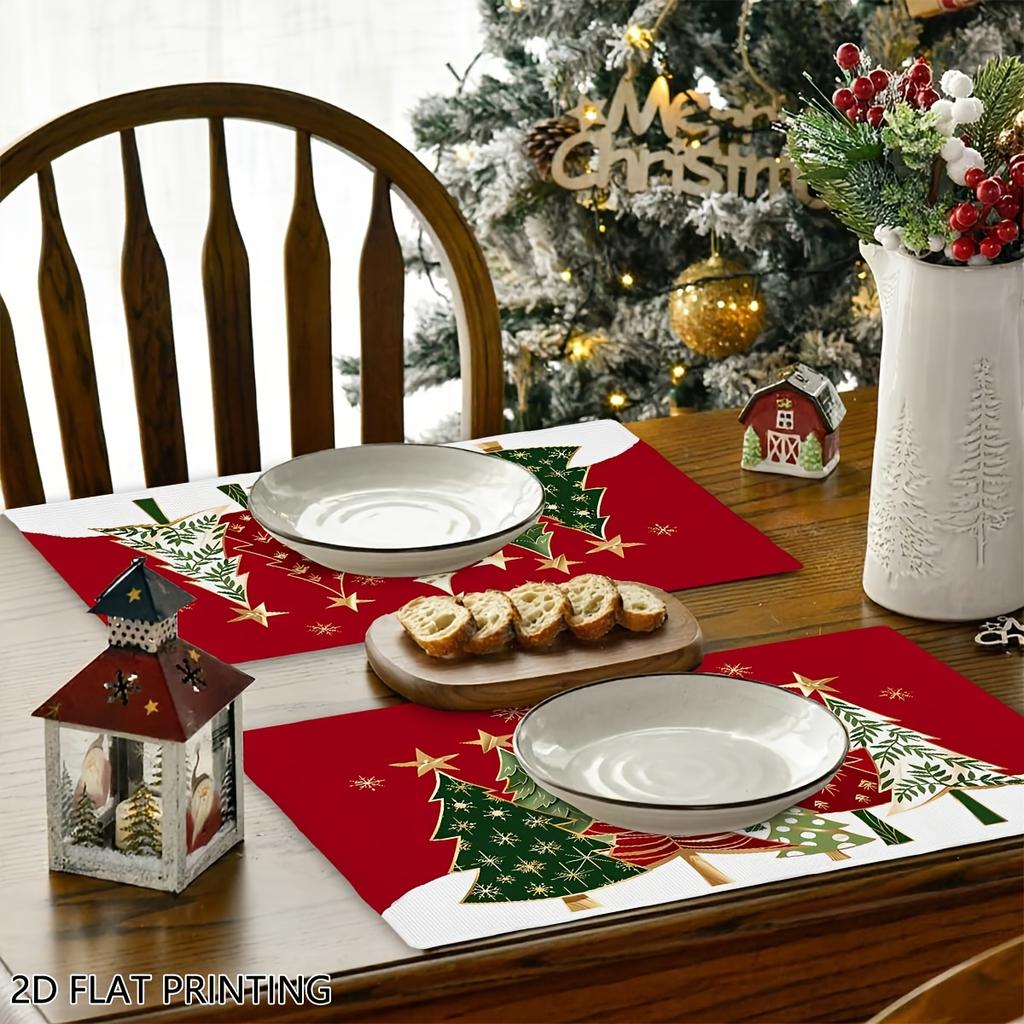 4pcs/6pcs, Christmas Placemats, Golden Red Xmas Trees Kitchen Table Mats, Coffee Mat, Kitchen Dining Decoration, Seasonal Holiday Farmhouse Multi-Coun