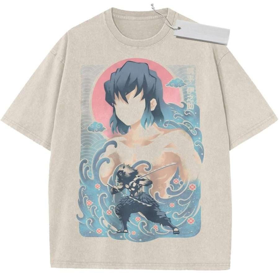 Unisex Beige Washed Vintage T  Shirt Demon Slayer Nezuko Kamado Fan Art Japanese Pattern High  Quality Fabric for Casual