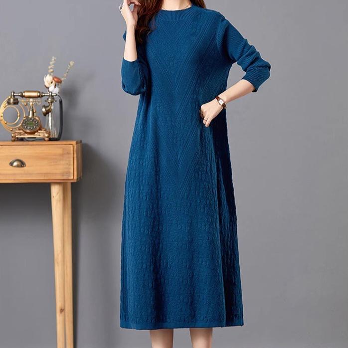 Платье-свитер большого размера для женщин на осень и зиму, длинное до колена, вязаный свитер, свободный пуловер однотонной расцветки