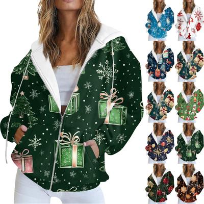 Женская повседневная рождественская печатная толстовка на осень и зиму с длинными рукавами и карманом на молнии с капюшоном