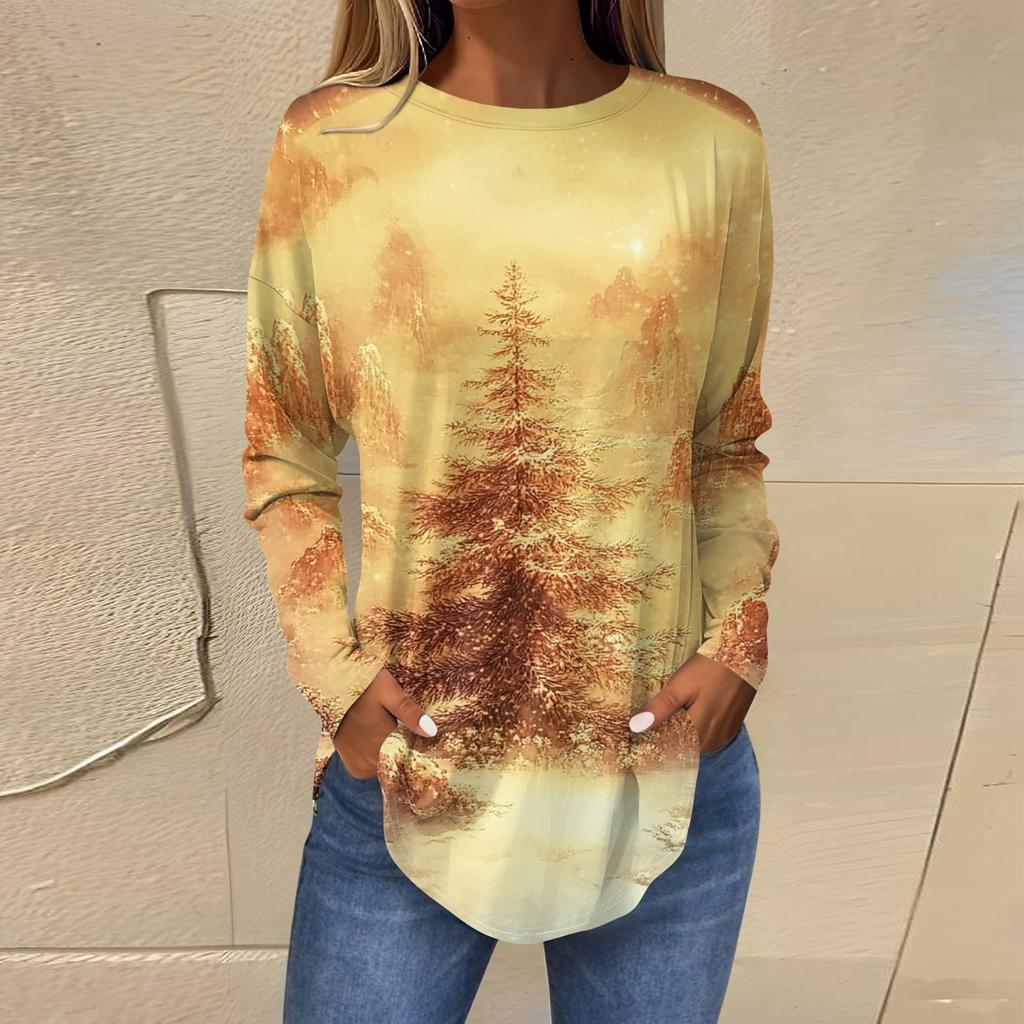 Женская свободная футболка с круглым вырезом и длинными рукавами с принтом в стиле ретро, пуловер на Рождество