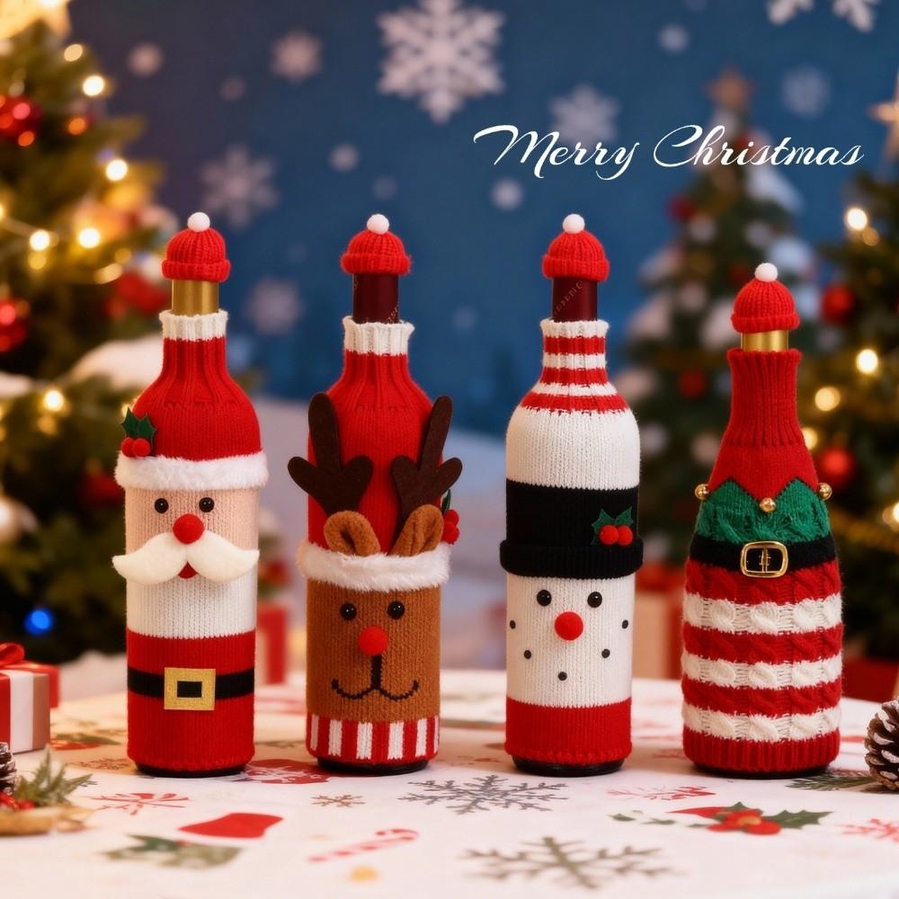 Knitted Wine Bottle Cover with Mini Santa Hat Beer Bottle Cover Cute Holiday Decoration Gift