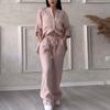 2Pcs/Set Women Shirt Pants Set Solid Color Long Sleeves Single-breasted V Neck Blouse Elastic Waist Loose Wide Leg Trousers Casual Commute Clothes