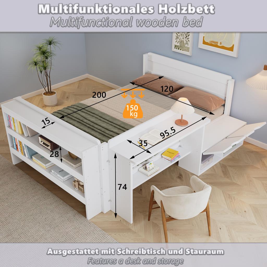 Деревянная кровать 120x200 см с письменным столом и ящиками для хранения, Белая, с откидным отсеком, открытой полкой для ног, боковым модулем, устанавливаемым слева/справа, кровать для подростка