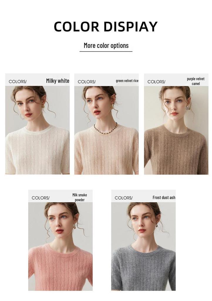 Lekasha 100% Pure Cashmere Short-Sleeve Round-Neck Pullover.