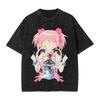 108. Washed Tee Anime Kyubey Puella Magi Madoka Magica T Washed Cotton T-Shirt Vintage for Men Women Tops Streetwear Graphic Tee Shirt Oversize