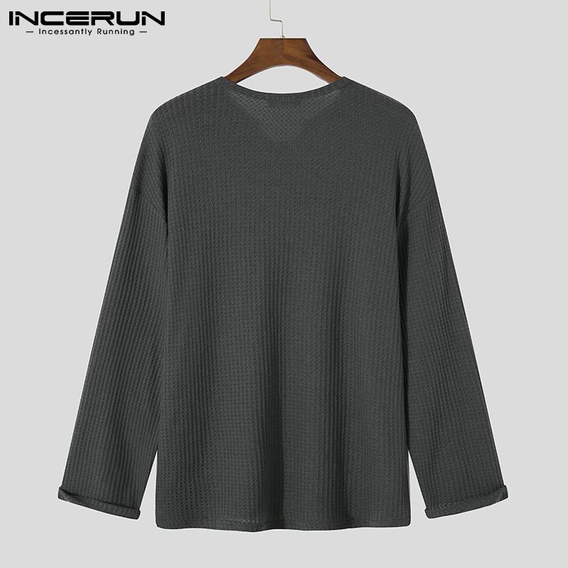 INCERUN Spring Mens Long Sleeve V Neck Solid Color Loose Spring Autumn Tops