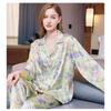 Осенняя шелковая женская пижама с принтом, длинная пижама с пуговицами на лацканах, кардиган, одежда для дома, пижама из чистого шелка, комплект из 2 предметов
