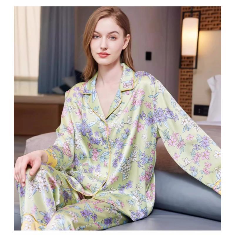 Осенняя шелковая женская пижама с принтом, длинная пижама с пуговицами на лацканах, кардиган, одежда для дома, пижама из чистого шелка, комплект из 2 предметов