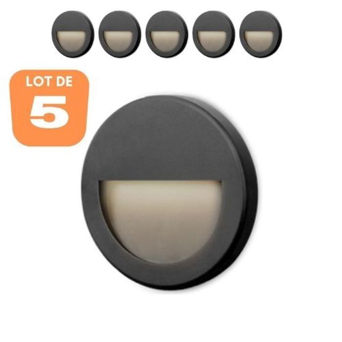 Lot de 5 spots LED mural VEKTAB2 rond noir 3W 3000K IP65