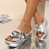 Fashion New Plus Size Women's Peep-Toe Wedge Sandals Glitter Rhinestone Flower Embellished Slip-On Slippers 2025 Summer Casual Shoes