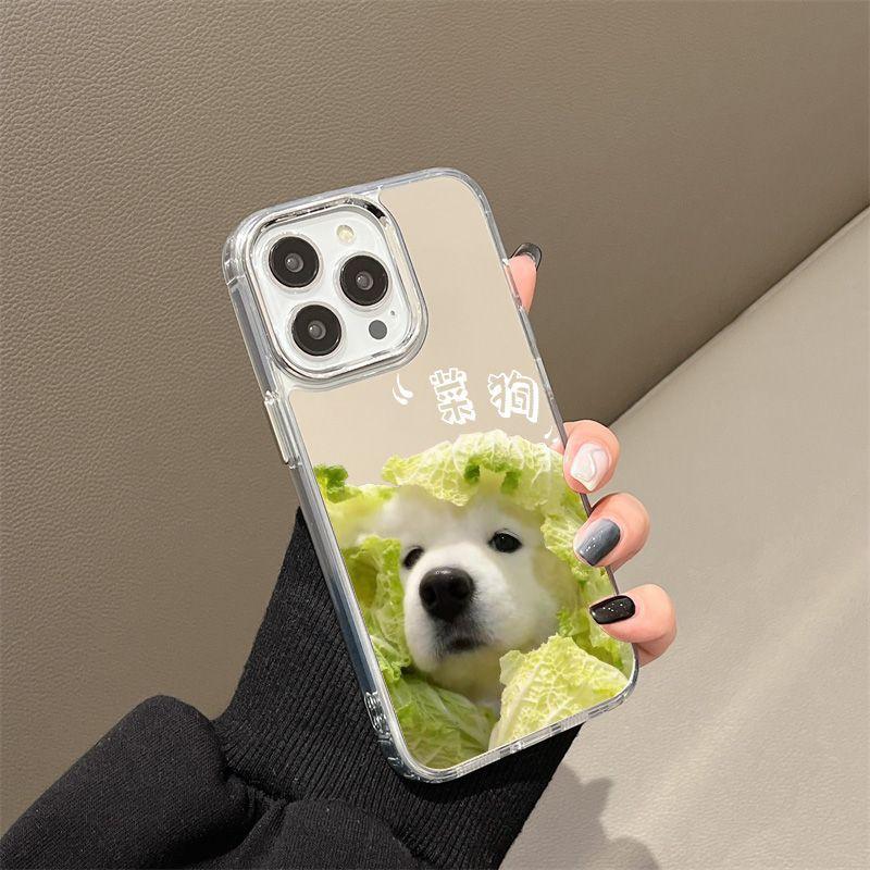 Зеркальная поверхность чехла для телефона Mengmeng cabbage dog подходит для iPhone17, 16pro, гальваническая кнопка x Apple 14, полностью закрывающий 15