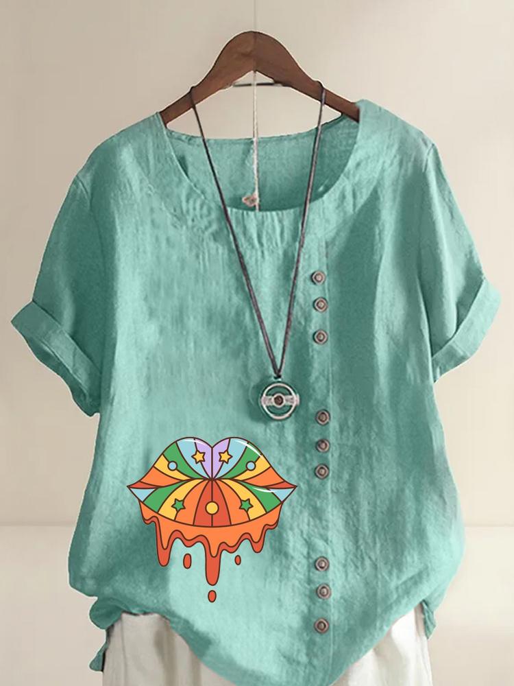 Women's Fashion Colorful Lips Printing Shot Sleeve T-shirt Loose Cotton Shirt Casual Loose Summer Blouse Tops Plus Size
